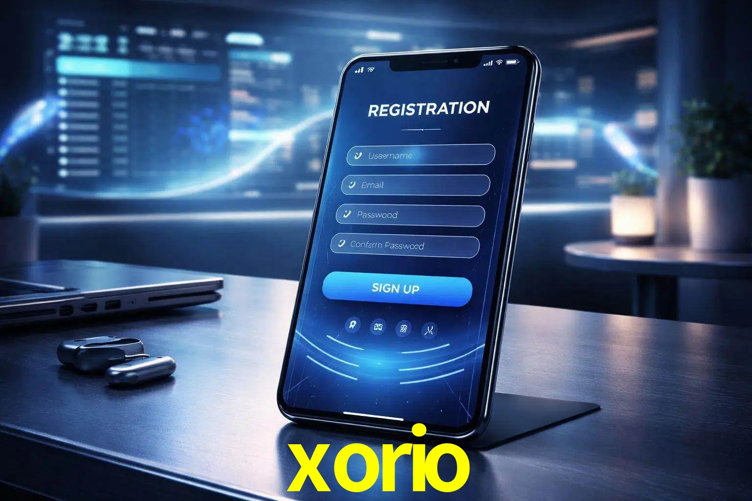 Una interfaz moderna de registro móvil para xorio mostrada en un smartphone con un panel de apuestas elegante.